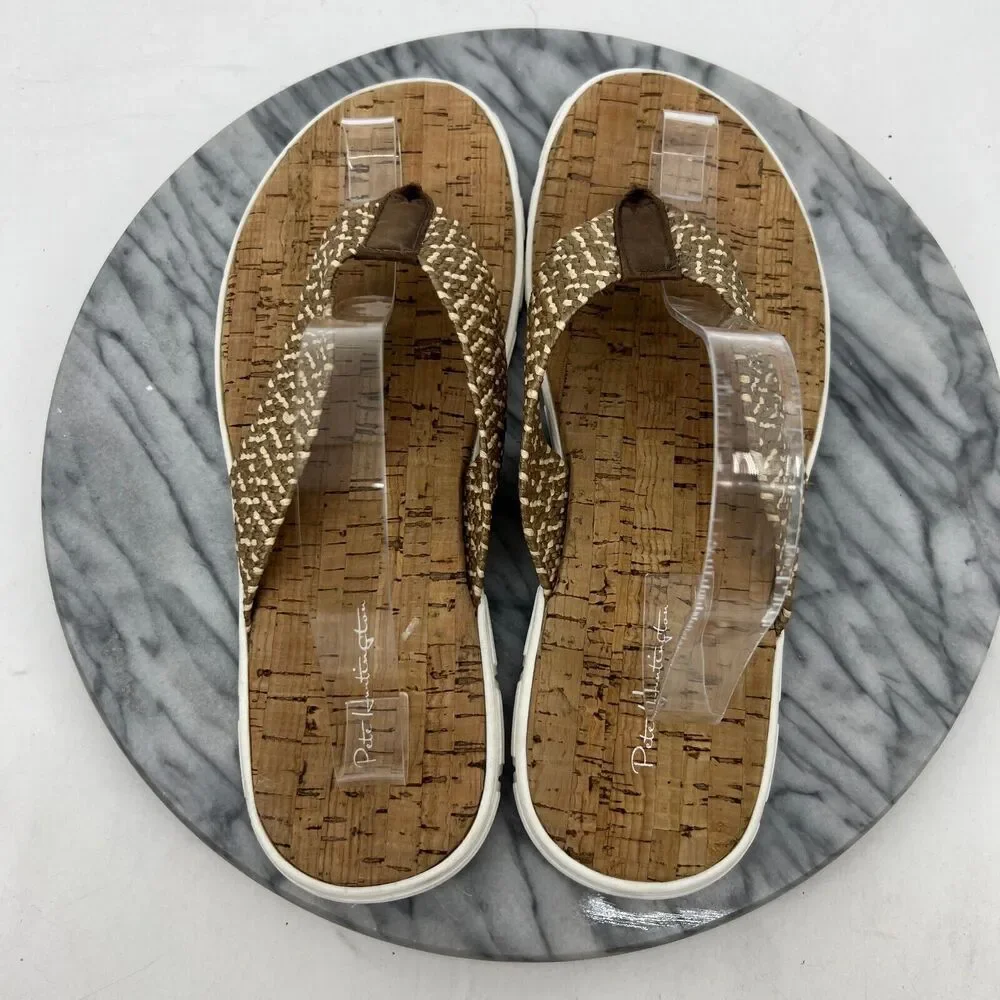 Pete Huntington Flip Flop Mens 10 Thong Sandals Woven Textile Strap Cork Footbed